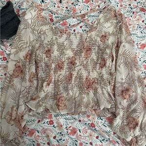 Papaya Cream Smocked Ruffled Long Sleeve Blouse